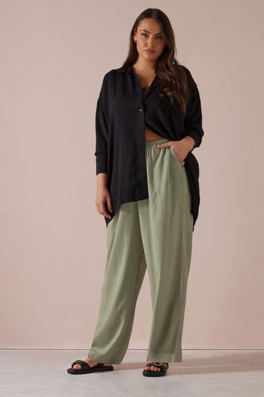 Yours Curve Olive Green Linen Tie Front Trousers
