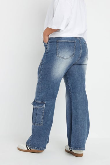 Yours Curve Blue Washed Effect Cargo Jeans