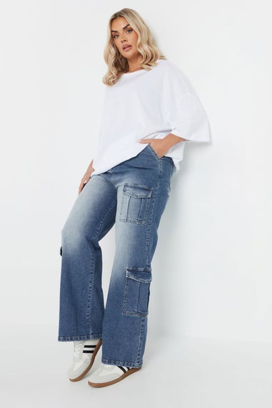 Yours Curve Blue Washed Effect Cargo Jeans