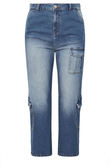 Yours Curve Blue Washed Effect Cargo Jeans