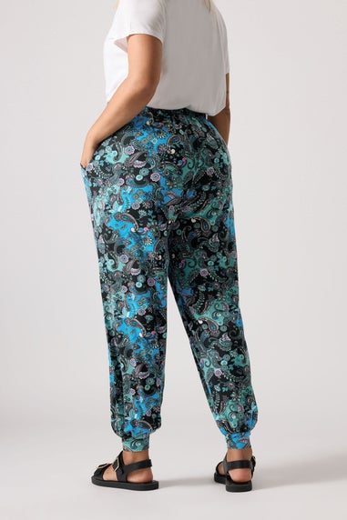 Yours Curve Blue Paisley Print Cuffed Harem Trousers