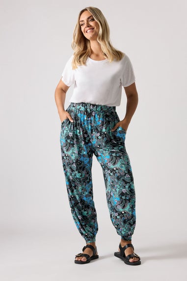 Yours Curve Blue Paisley Print Cuffed Harem Trousers