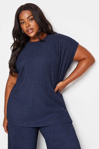 Yours Curve Navy Blue Crinkle Plisse T-Shirt