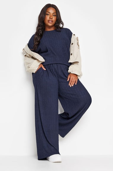 Yours Curve Navy Blue Crinkle Plisse T-Shirt