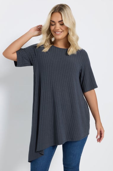Yours Curve Charcoal Grey Asymmetric Ribbed T-Shirt