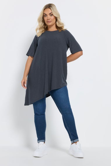 Yours Curve Charcoal Grey Asymmetric Ribbed T-Shirt