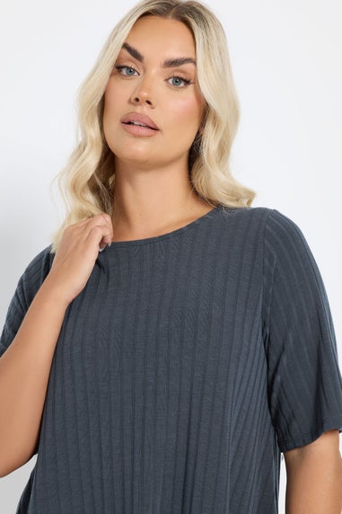 Yours Curve Charcoal Grey Asymmetric Ribbed T-Shirt