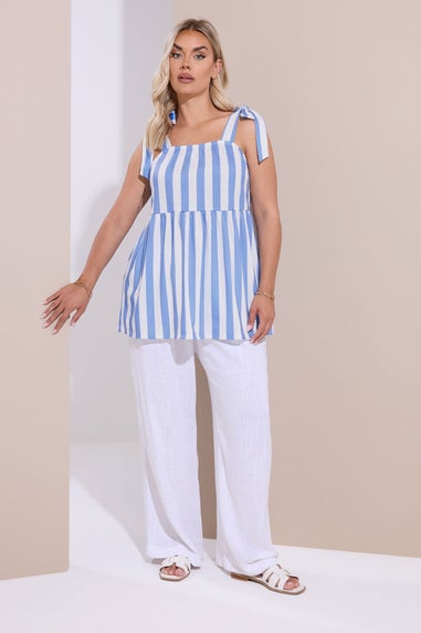 Yours Curve Blue Stripe Tie Sleeve Peplum Top