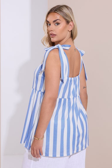 Yours Curve Blue Stripe Tie Sleeve Peplum Top