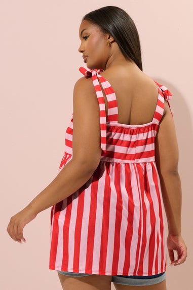 Yours Curve Red Stripe Tie Sleeve Peplum Top