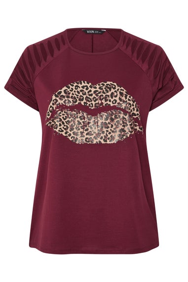 Yours Curve Burgundy Leopard Print Lips Laser Cut T-Shirt