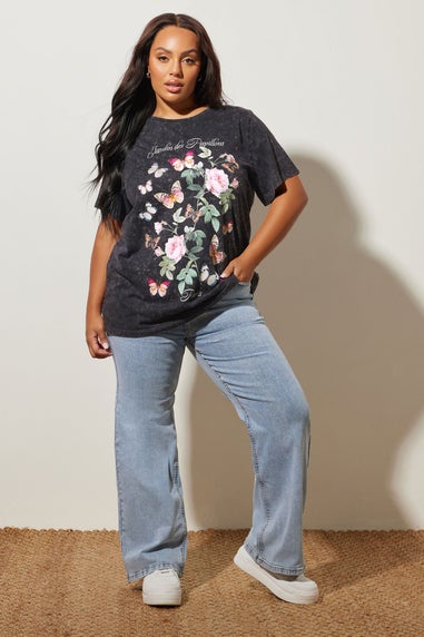 Yours Curve Grey Acid Wash Floral Slogan T-Shirt