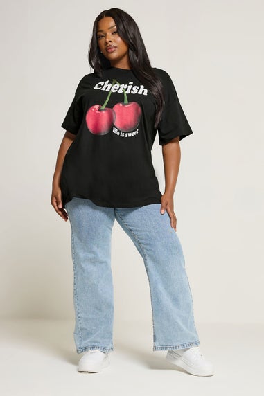 Yours Curve Black Cherish Cherry Slogan T-Shirt