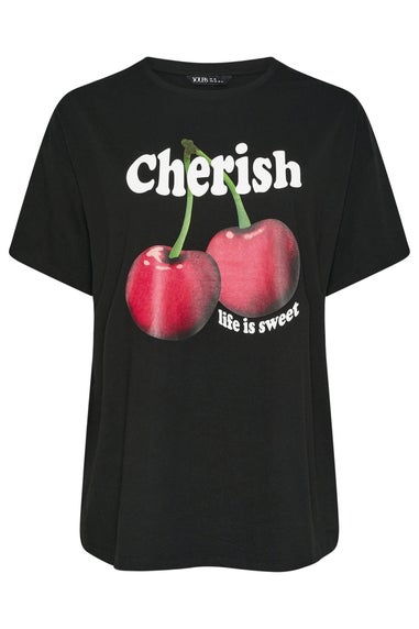 Yours Curve Black Cherish Cherry Slogan T-Shirt