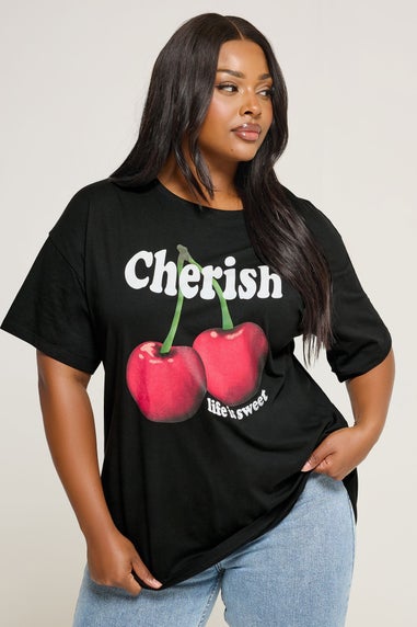 Yours Curve Black Cherish Cherry Slogan T-Shirt