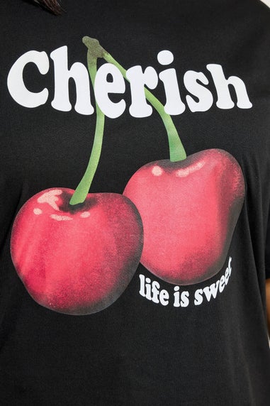 Yours Curve Black Cherish Cherry Slogan T-Shirt