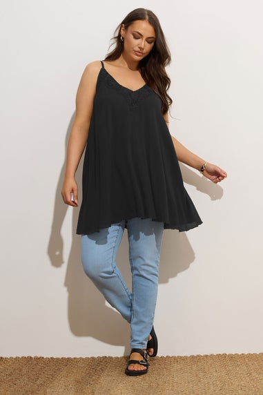 Yours Curve Black Crochet Trim Cami Top