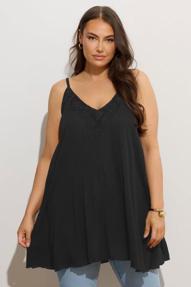 Yours Curve Black Crochet Trim Cami Top