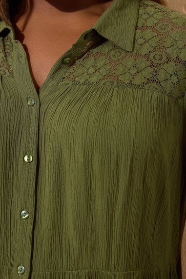 YOURS Curve Khaki Green Tiered Crochet Detail Shirt