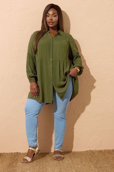 YOURS Curve Khaki Green Tiered Crochet Detail Shirt