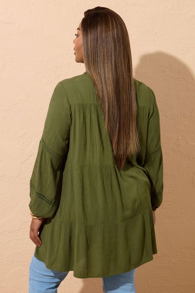 YOURS Curve Khaki Green Tiered Crochet Detail Shirt