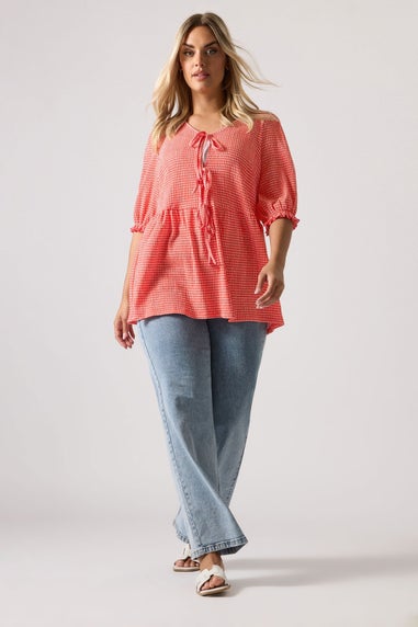 YOURS Curve Red Gingham Bow Tie Front Peplum Top