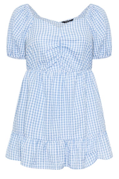 YOURS Curve Blue Gingham Ruched Peplum Top