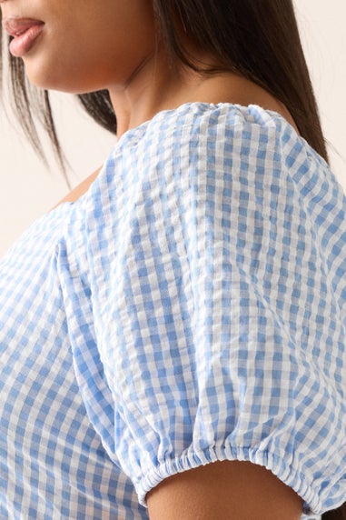 YOURS Curve Blue Gingham Ruched Peplum Top