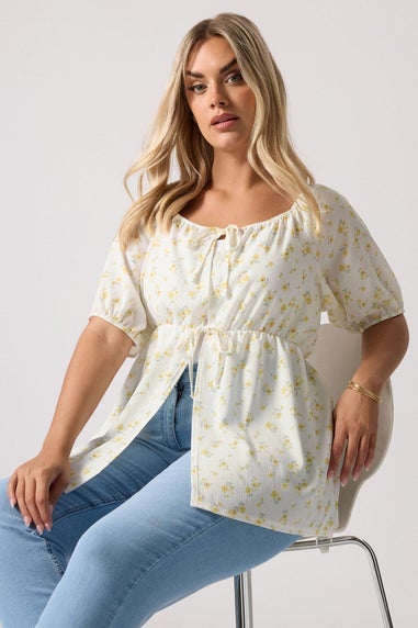 YOURS Curve Yellow Floral Print Tie Front Top