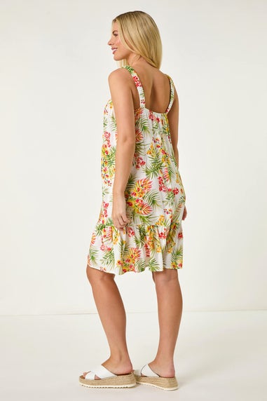 Roman Ivory Petite Print Strap Detail Frill Hem Dress