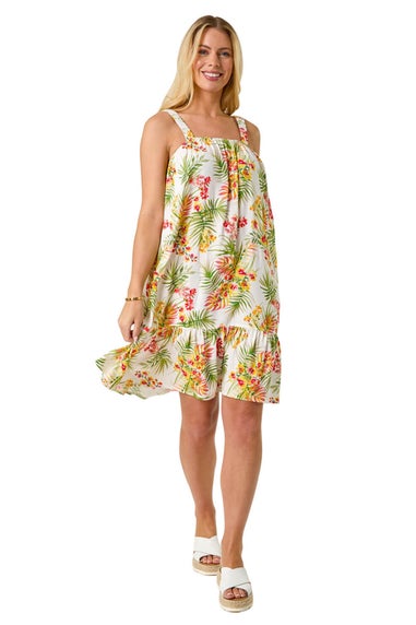 Roman Ivory Petite Print Strap Detail Frill Hem Dress