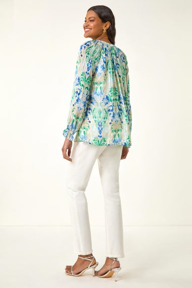 Roman Blue Printed Metallic Button Blouse