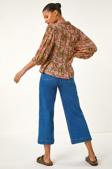 Roman Brown Shirred Printed Front Button Blouse