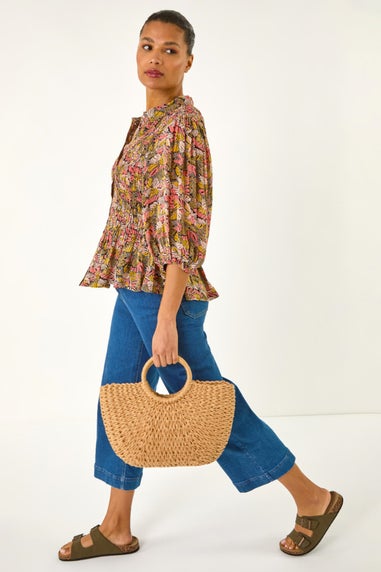 Roman Brown Shirred Printed Front Button Blouse