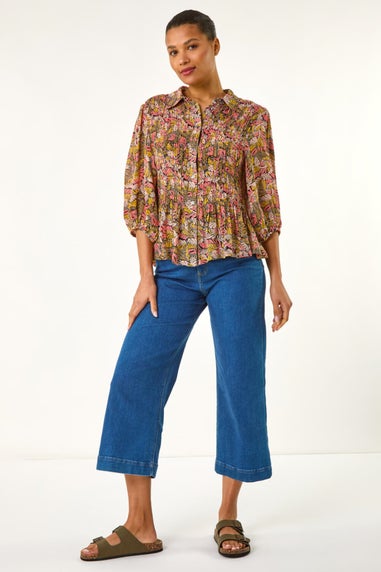 Roman Brown Shirred Printed Front Button Blouse