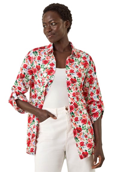 Roman Red Floral Collared Tab Sleeve Shirt