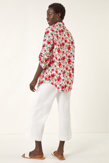 Roman Red Floral Collared Tab Sleeve Shirt