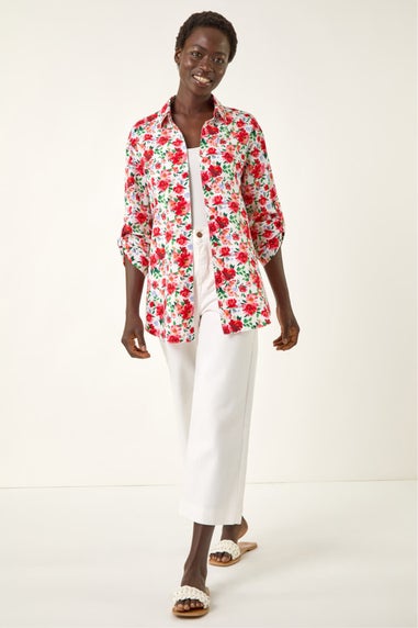 Roman Red Floral Collared Tab Sleeve Shirt