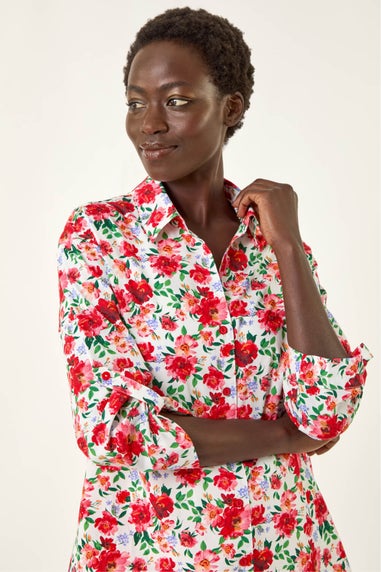 Roman Red Floral Collared Tab Sleeve Shirt