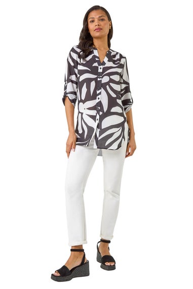 Roman Black Mono Print Button Front Blouse