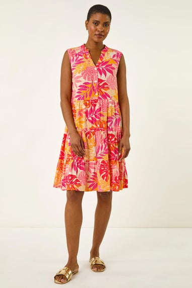 Roman Pink Leaf Print Button Smock Dress