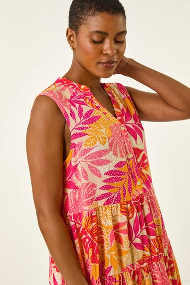 Roman Pink Leaf Print Button Smock Dress