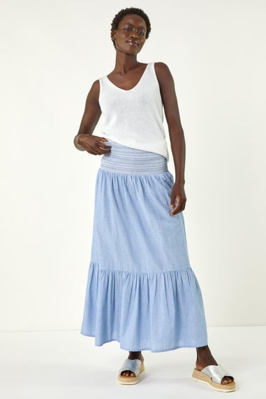 Roman Blue Shirred Tiered A-Line Skirt