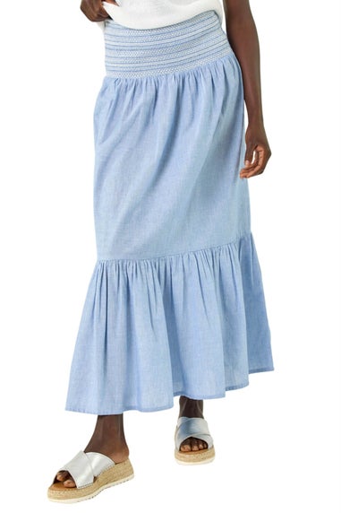 Roman Blue Shirred Tiered A-Line Skirt