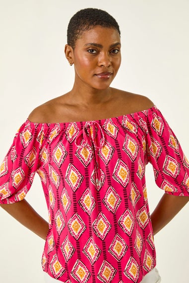 Roman Pink Printed Bardot Tie Front Stretch Top