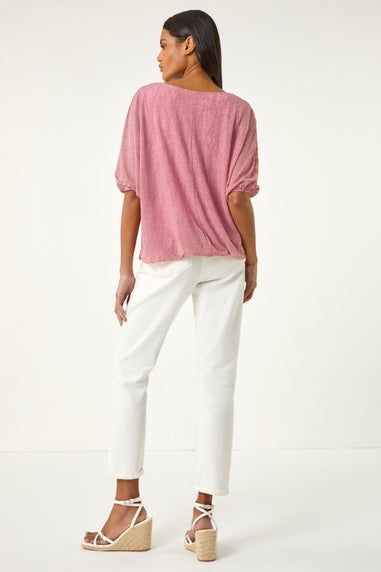 Roman Pink Mesh Bubble Hem Stretch Top