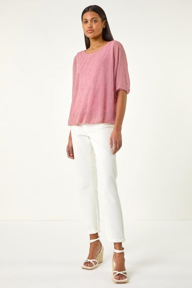 Roman Pink Mesh Bubble Hem Stretch Top