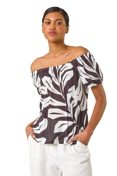 Roman Black Abstract Print Bardot Top