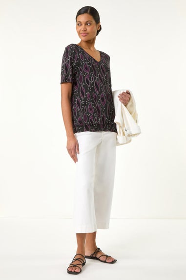 Roman Black Printed Banded Hem Stretch Top