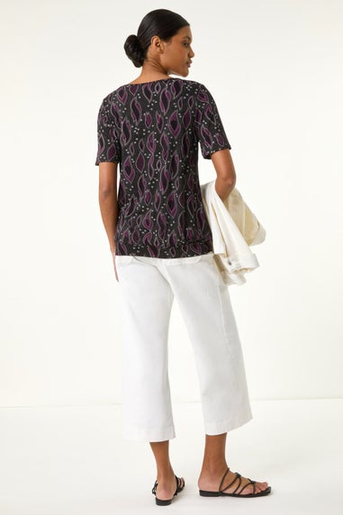 Roman Black Printed Banded Hem Stretch Top